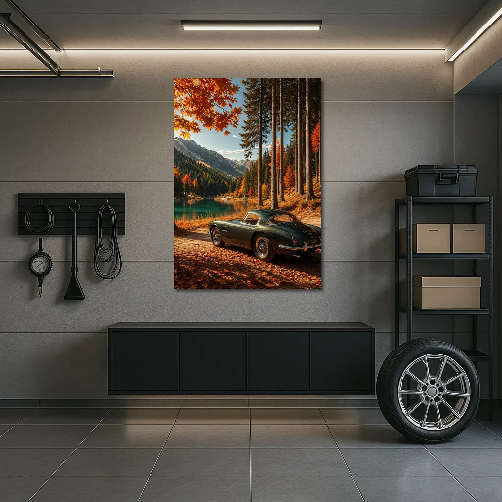 Classic Maserati Parked By Autumn Mountain Lake – Wall Art