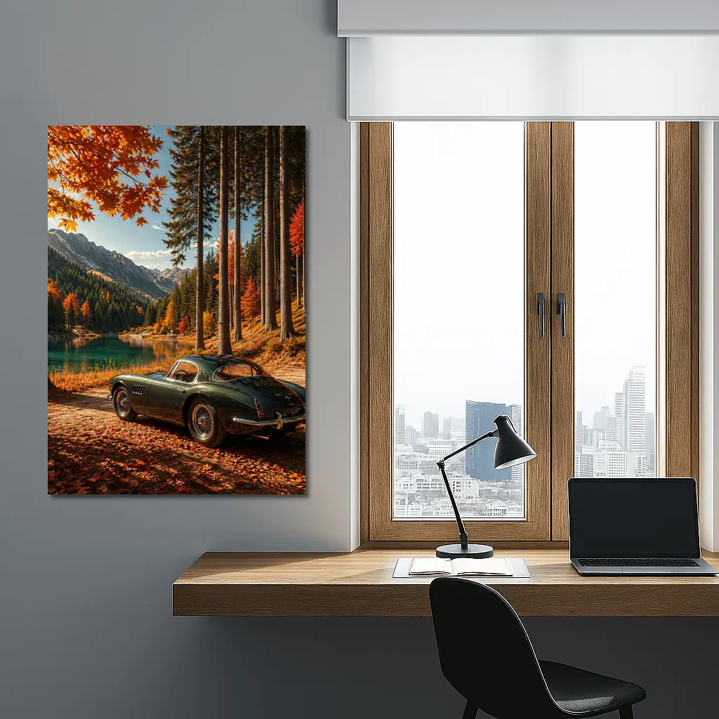 Classic Maserati Parked By Autumn Mountain Lake – Wall Art