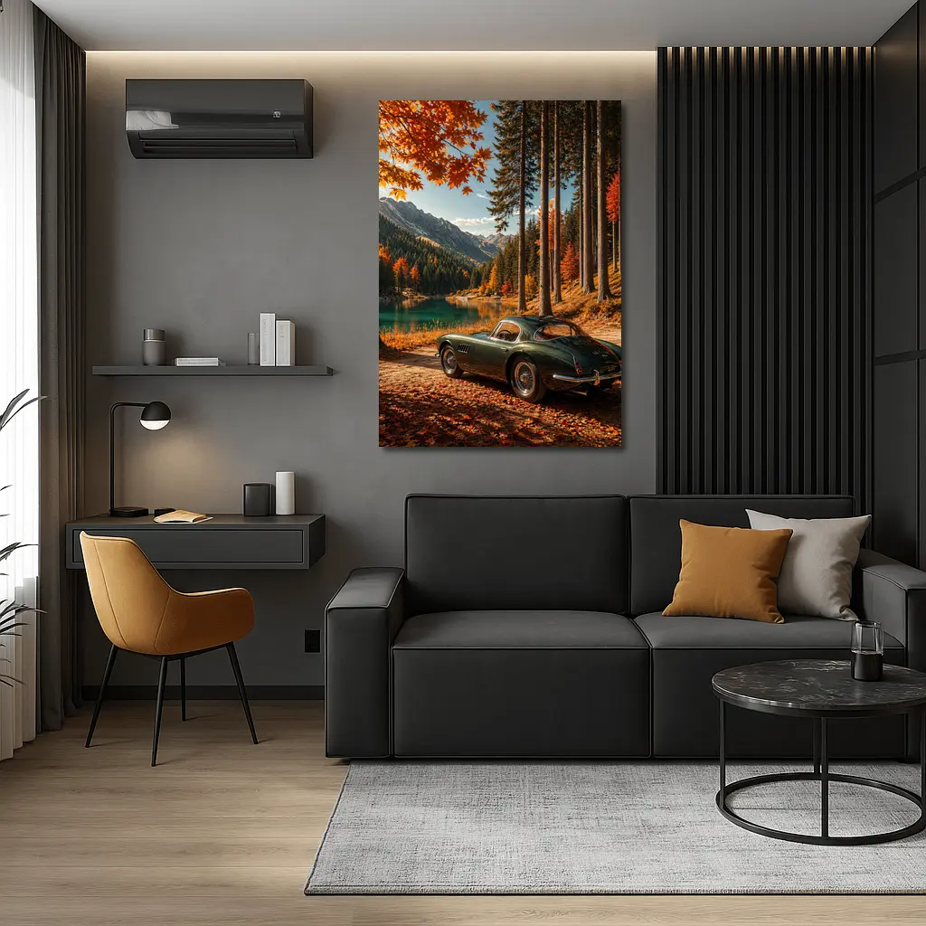 Classic Maserati Parked By Autumn Mountain Lake – Wall Art