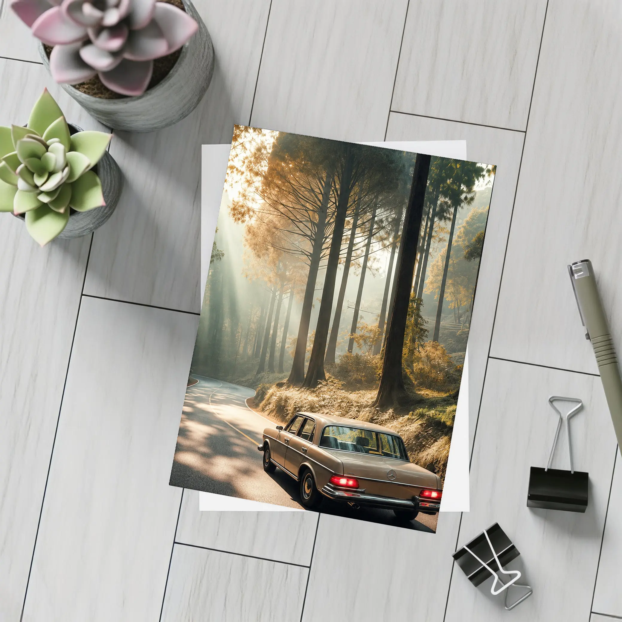 Classic Mercedes Benz Sedan Forest Road Drive – Postcards