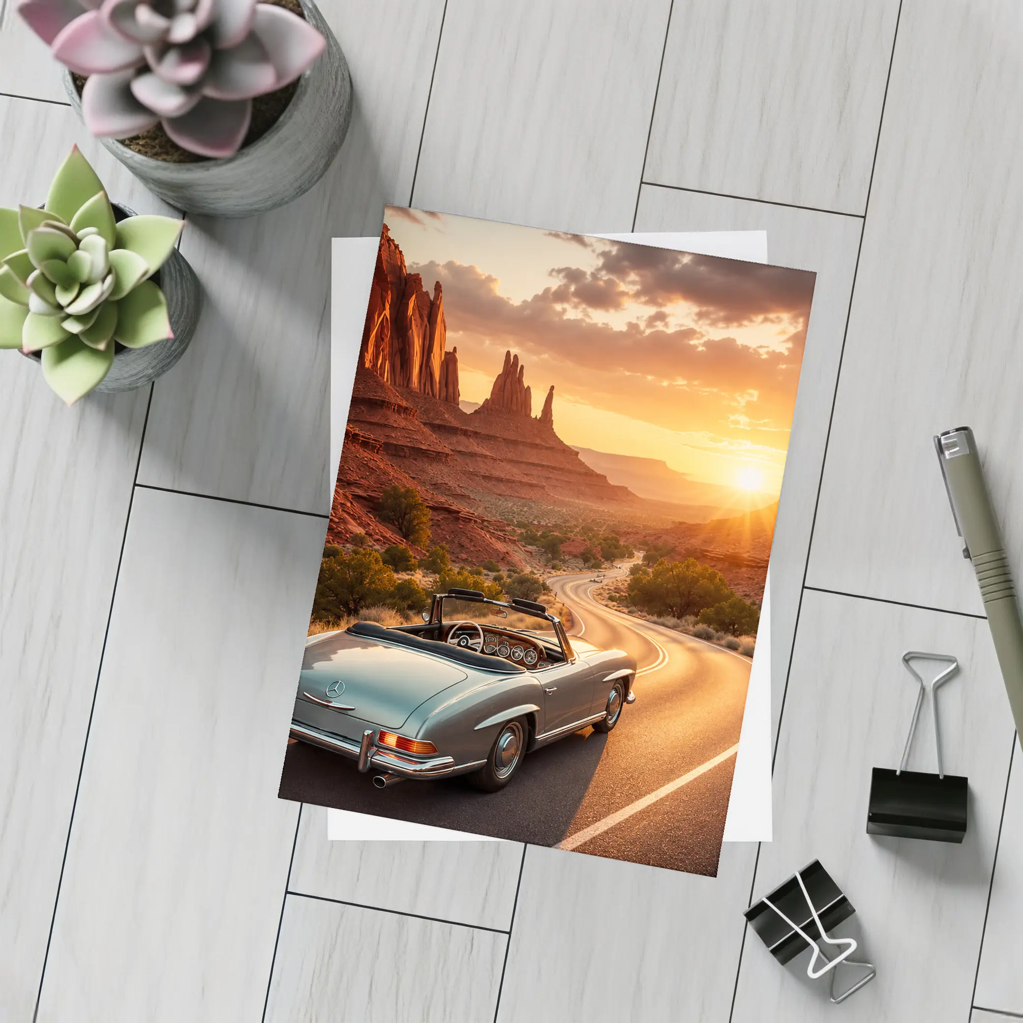 Mercedes Benz Classic Convertible Desert Canyon Sunset – Postcards