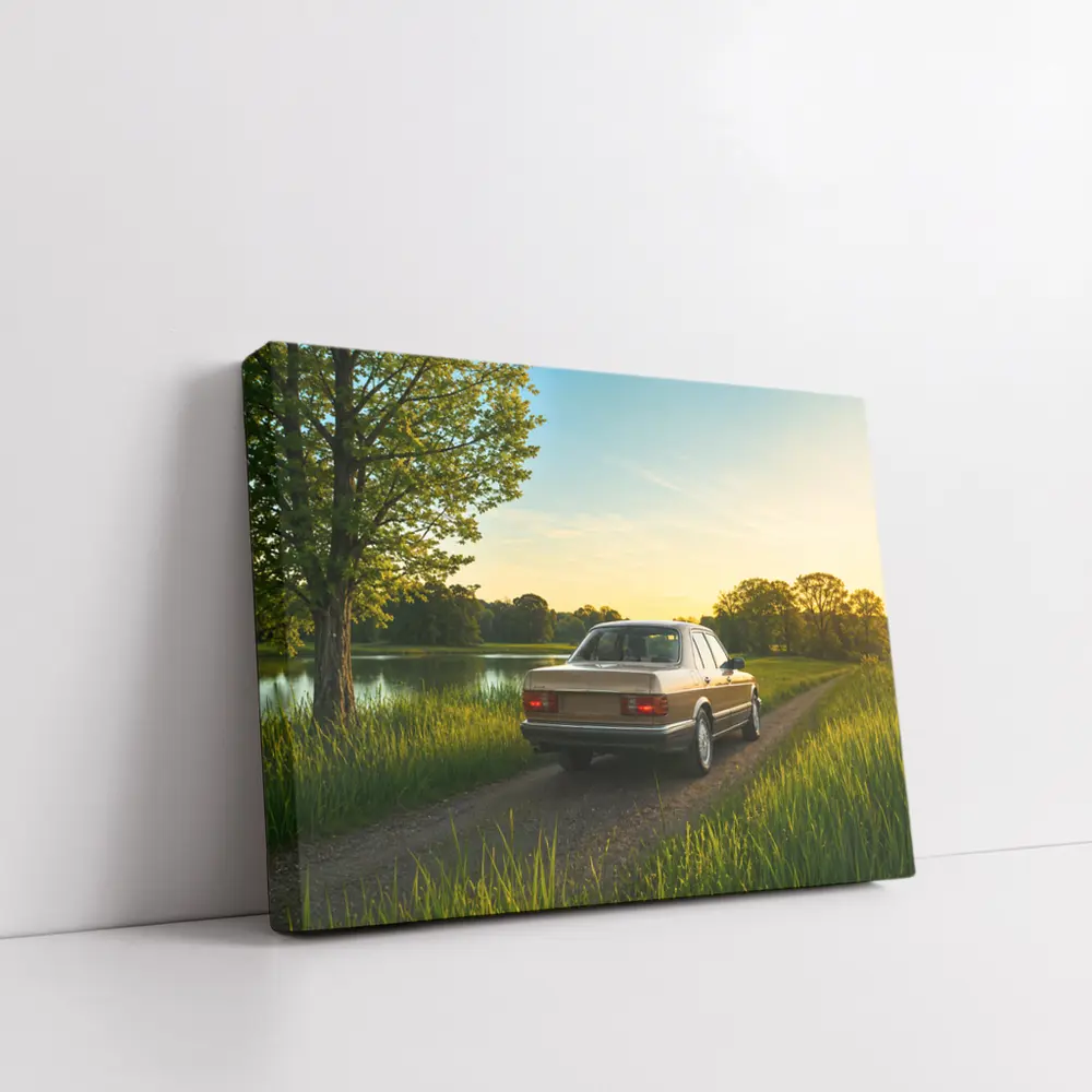Mercedes W126 Sedan Golden Sunset Countryside Road – Wall Art