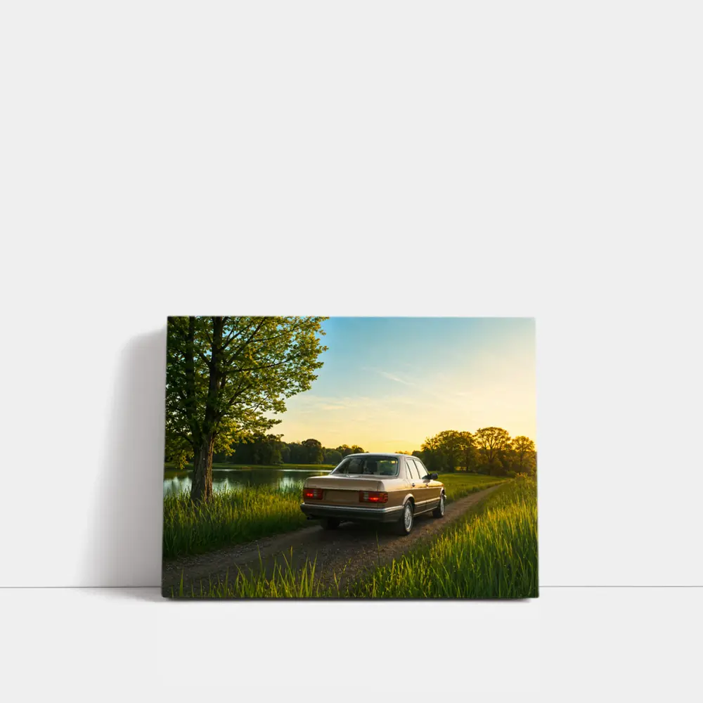 Mercedes W126 Sedan Golden Sunset Countryside Road – Wall Art