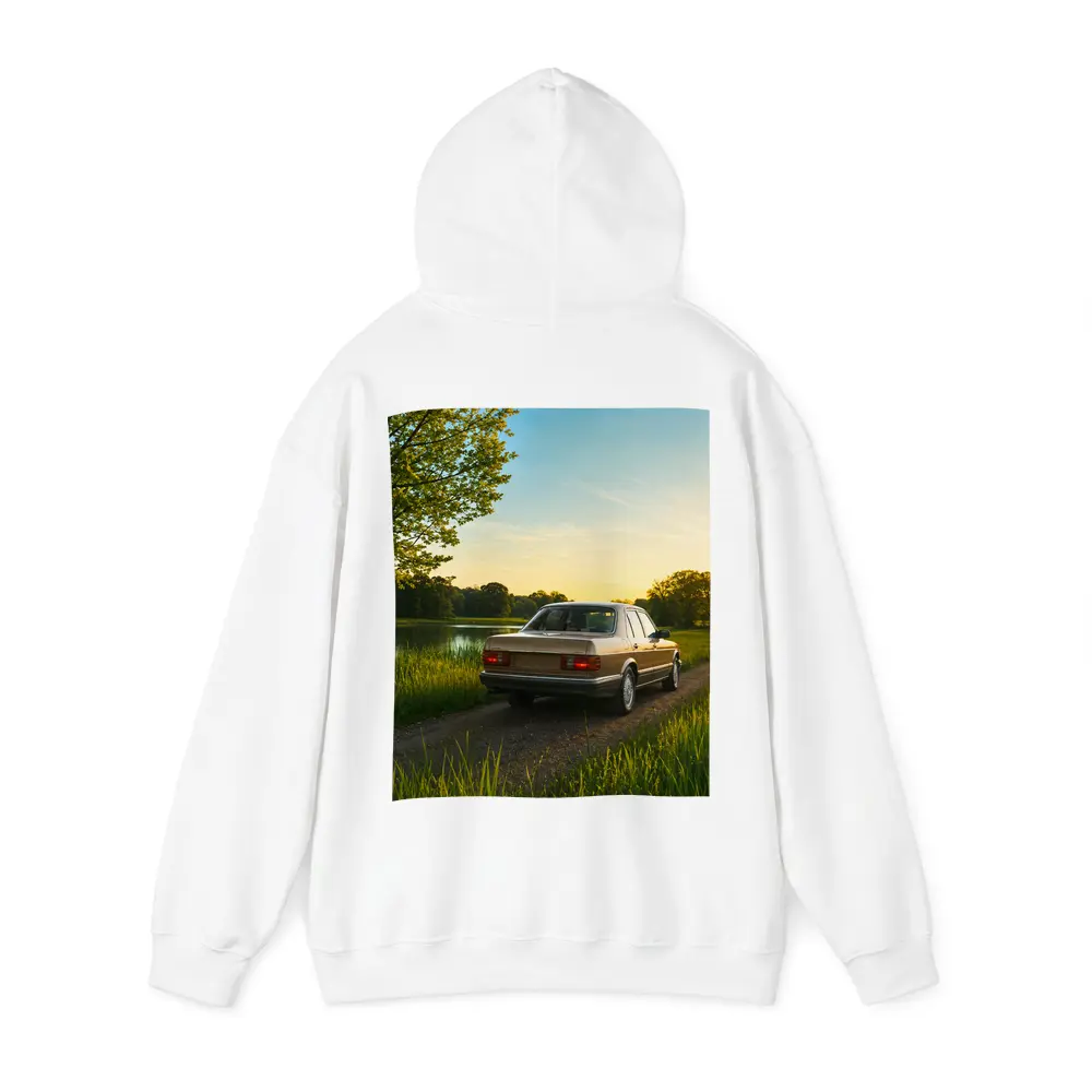 Mercedes W126 Sedan Golden Sunset Countryside Road – Hoodies
