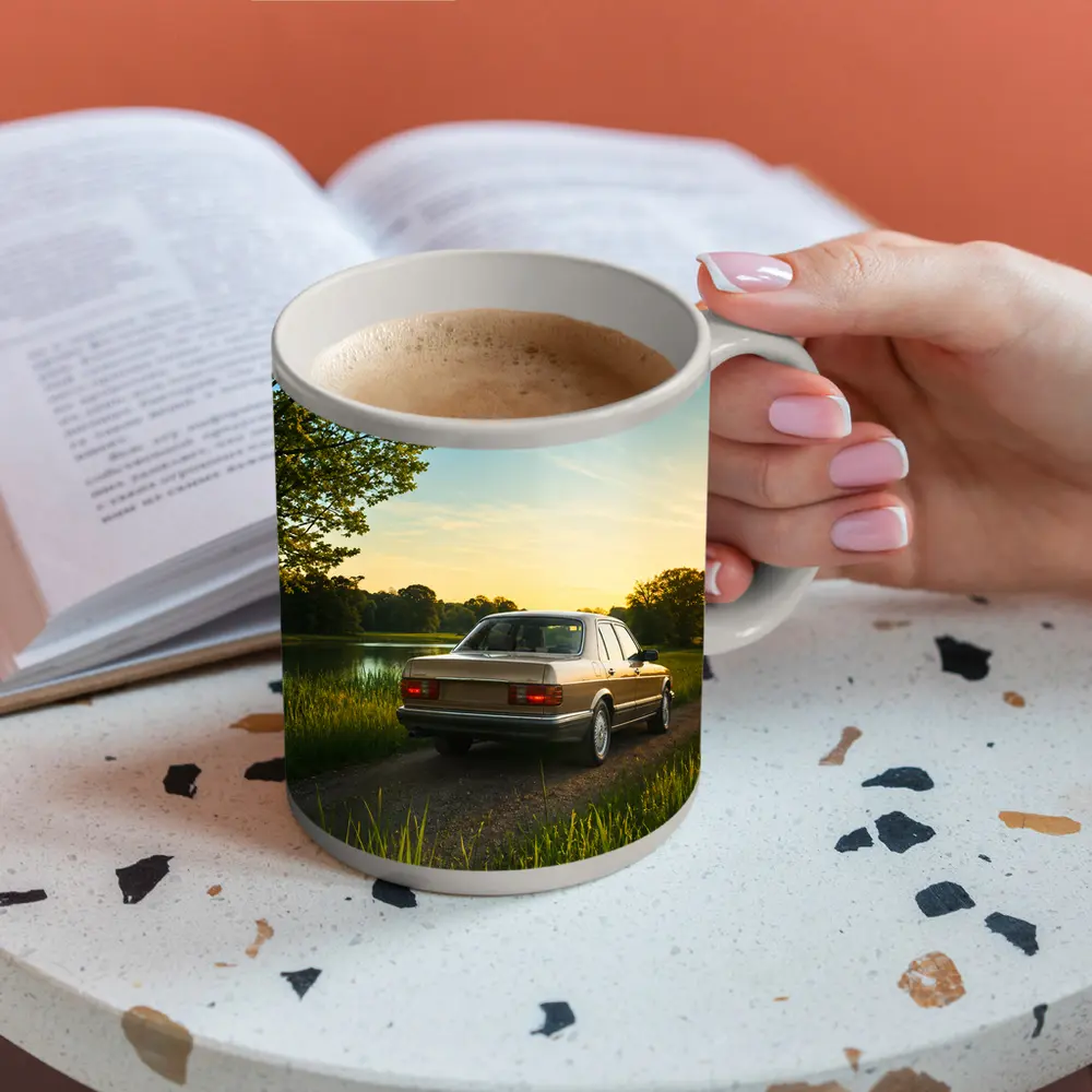 Mercedes W126 Sedan Golden Sunset Countryside Road – Mugs