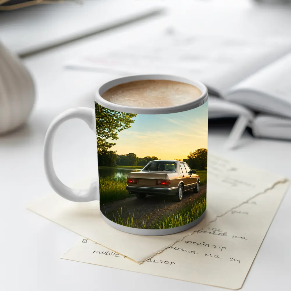 Mercedes W126 Sedan Golden Sunset Countryside Road – Mugs