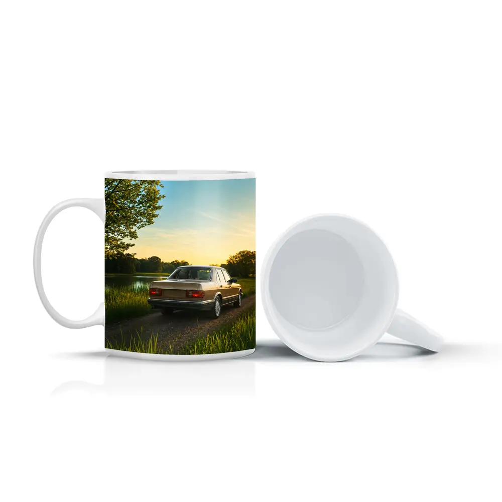 Mercedes W126 Sedan Golden Sunset Countryside Road – Mugs