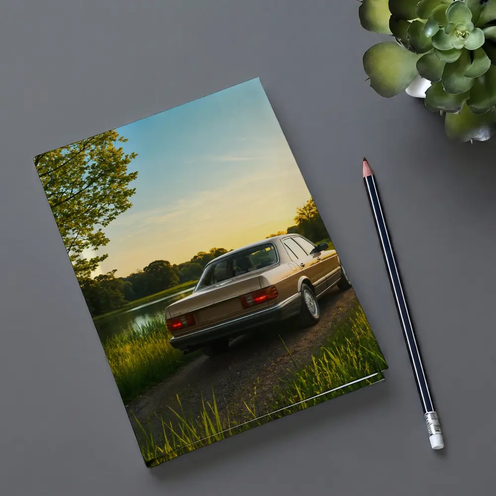 Mercedes W126 Sedan Golden Sunset Countryside Road – Notebooks