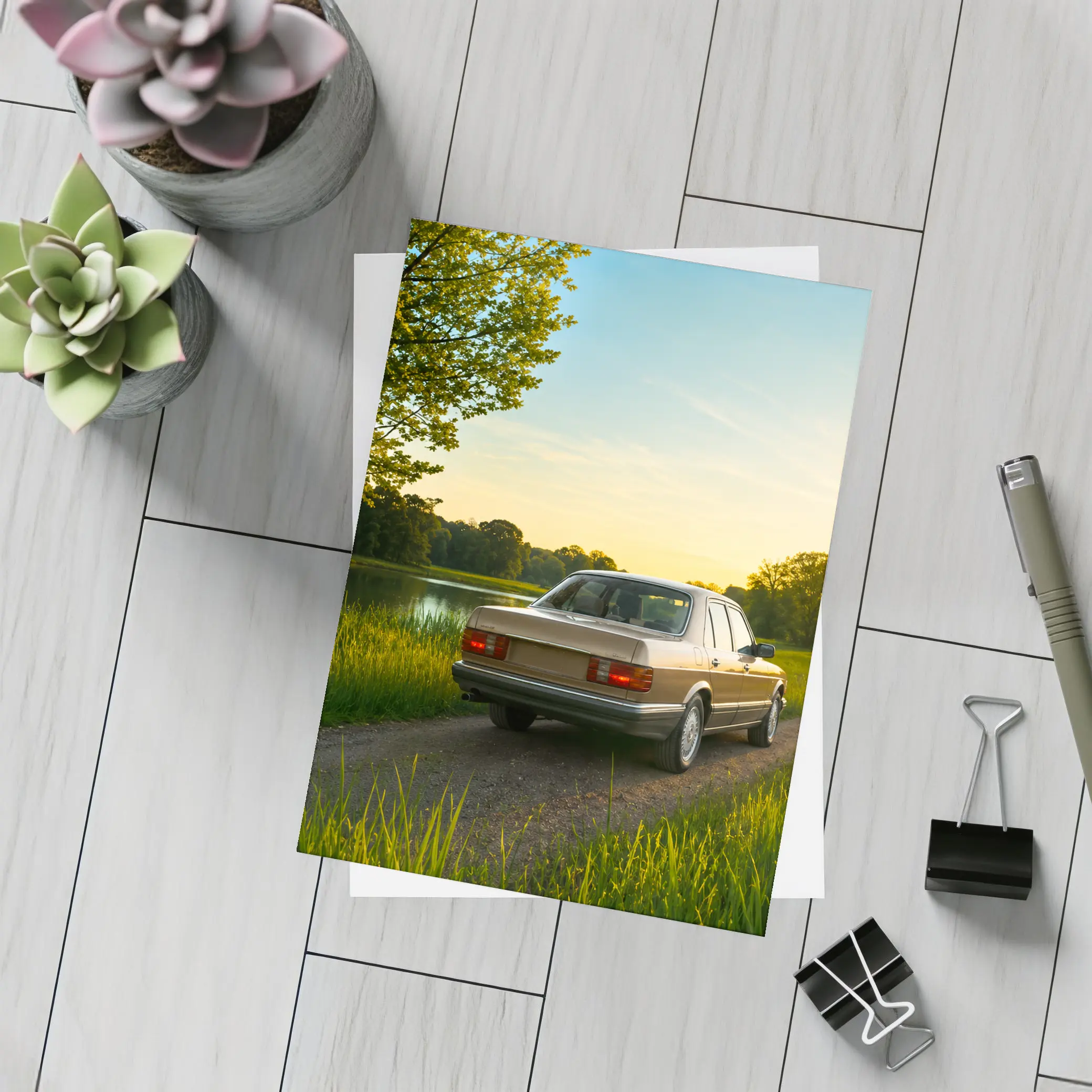 Mercedes W126 Sedan Golden Sunset Countryside Road – Postcards
