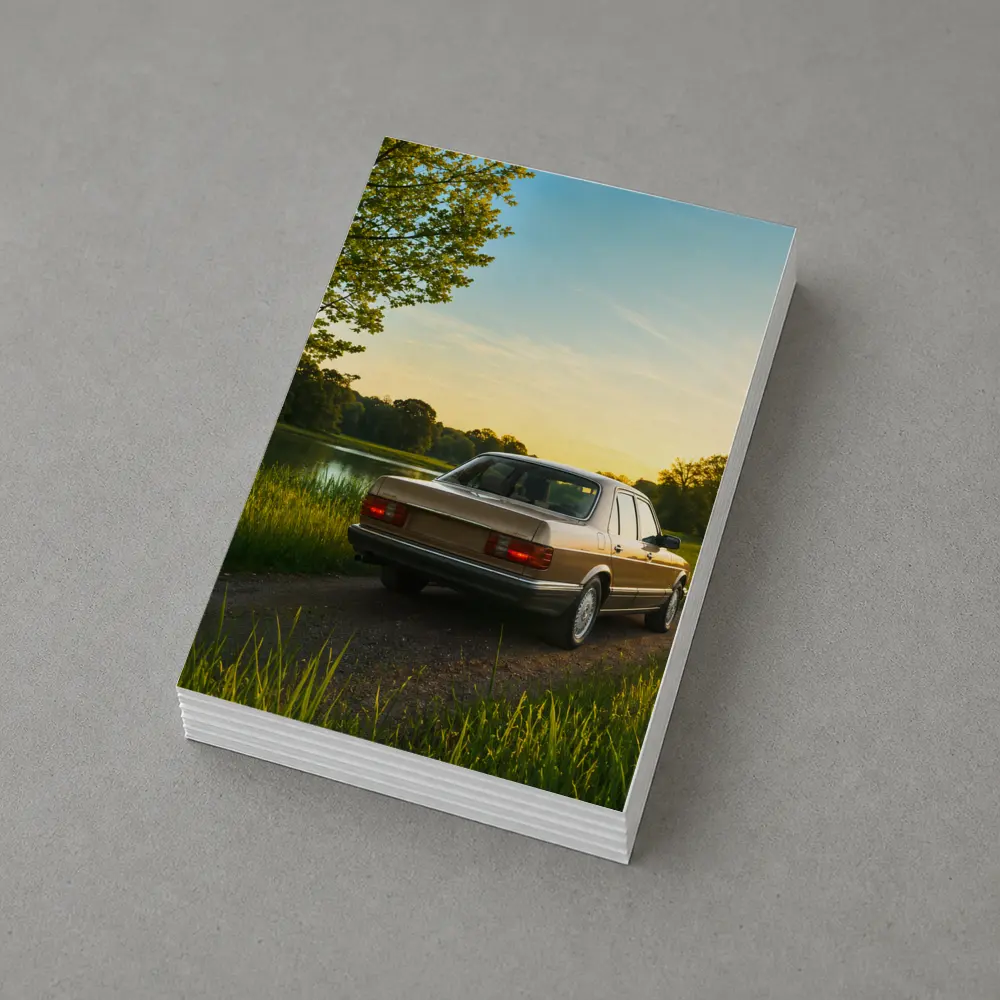 Mercedes W126 Sedan Golden Sunset Countryside Road – Postcards