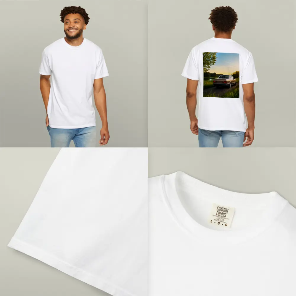 Mercedes W126 Sedan Golden Sunset Countryside Road – T-Shirts
