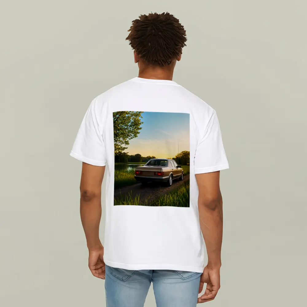 Mercedes W126 Sedan Golden Sunset Countryside Road – T-Shirts