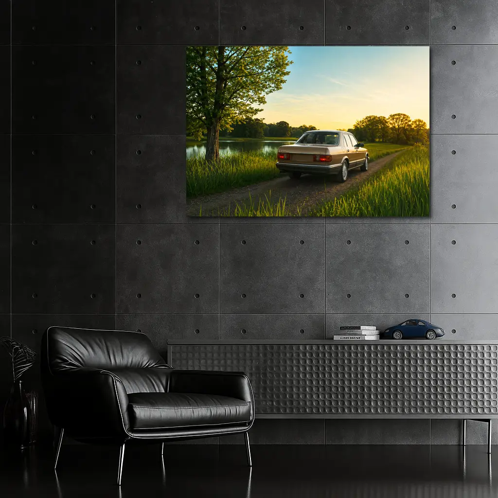 Mercedes W126 Sedan Golden Sunset Countryside Road – Wall Art