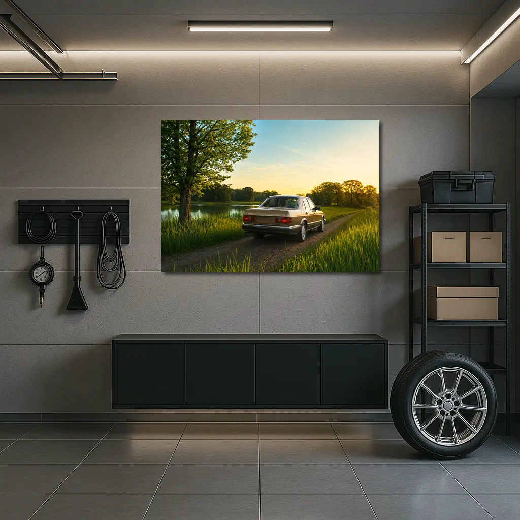 Mercedes W126 Sedan Golden Sunset Countryside Road – Wall Art