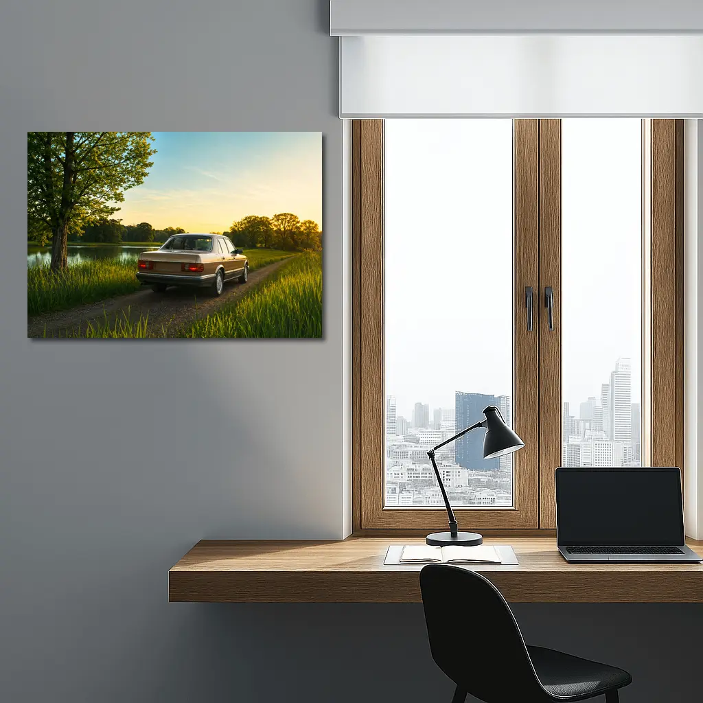 Mercedes W126 Sedan Golden Sunset Countryside Road – Wall Art