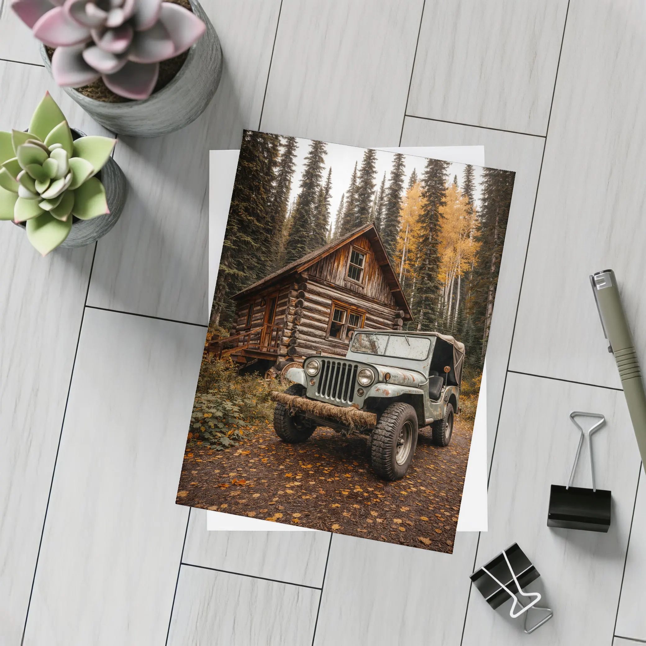 Classic Jeep CJ Log Cabin Forest – Postcards