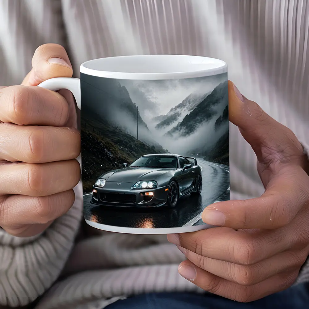 Toyota Supra on Rainy Mountain Road – Mugs