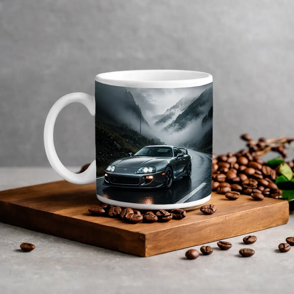 Toyota Supra on Rainy Mountain Road – Mugs