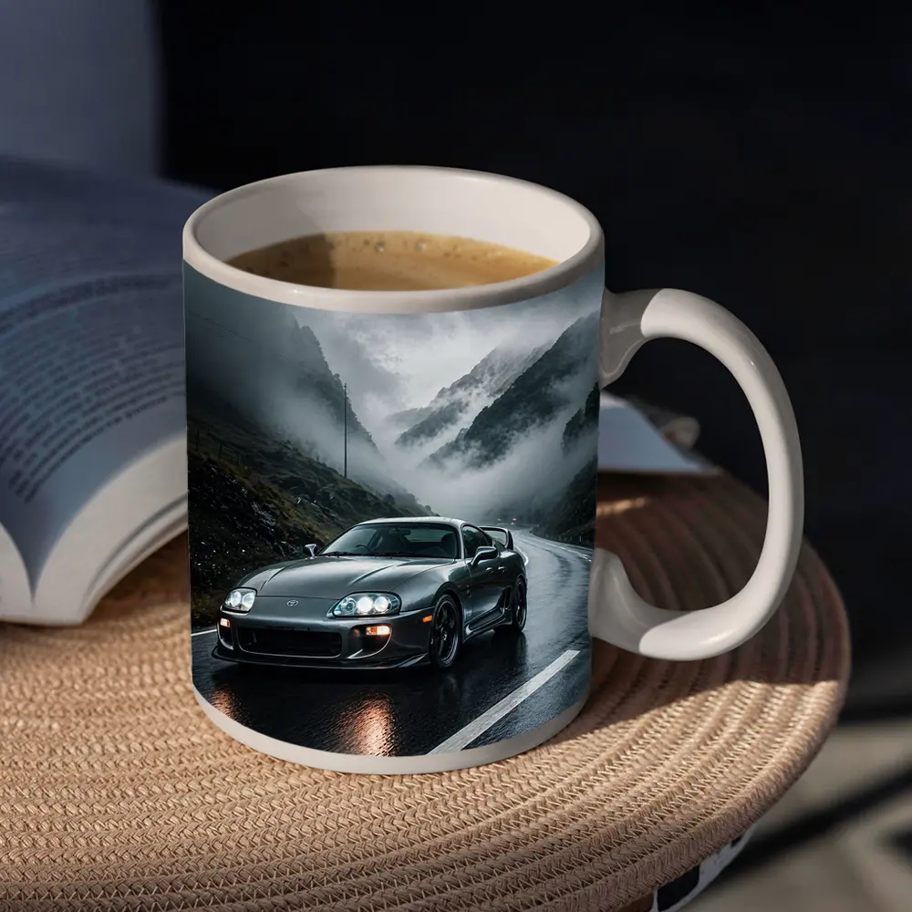 Toyota Supra on Rainy Mountain Road – Mugs