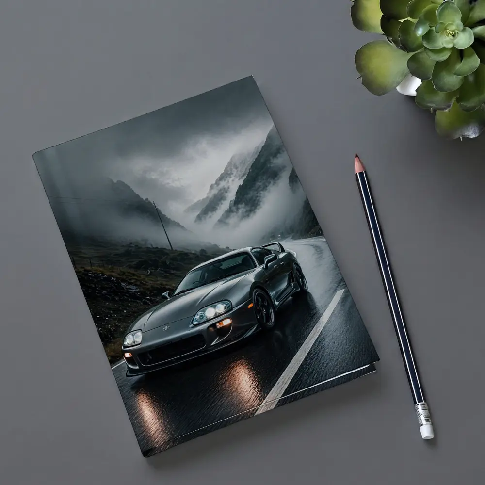 Toyota Supra on Rainy Mountain Road – Notebooks