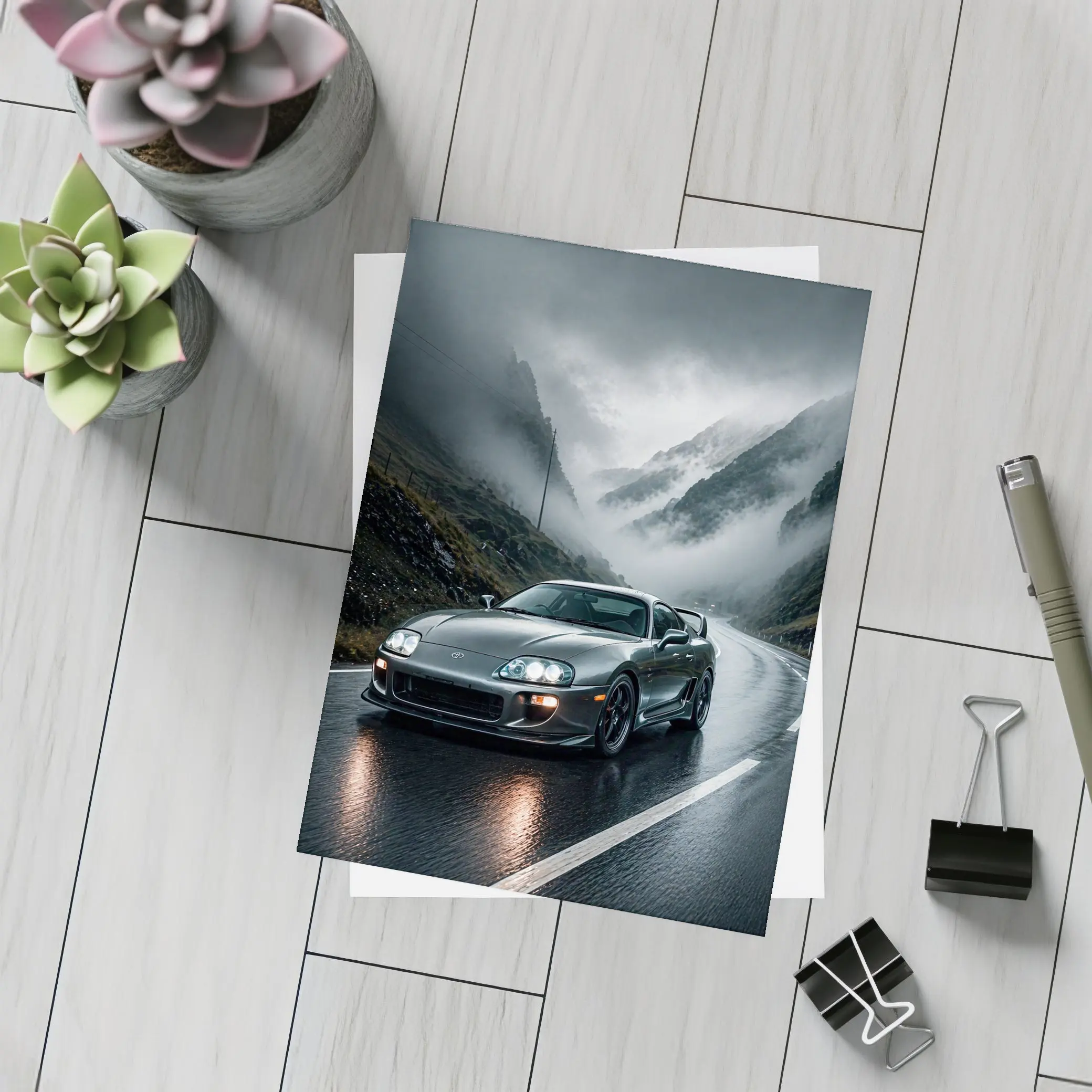 Toyota Supra on Rainy Mountain Road – Postcards
