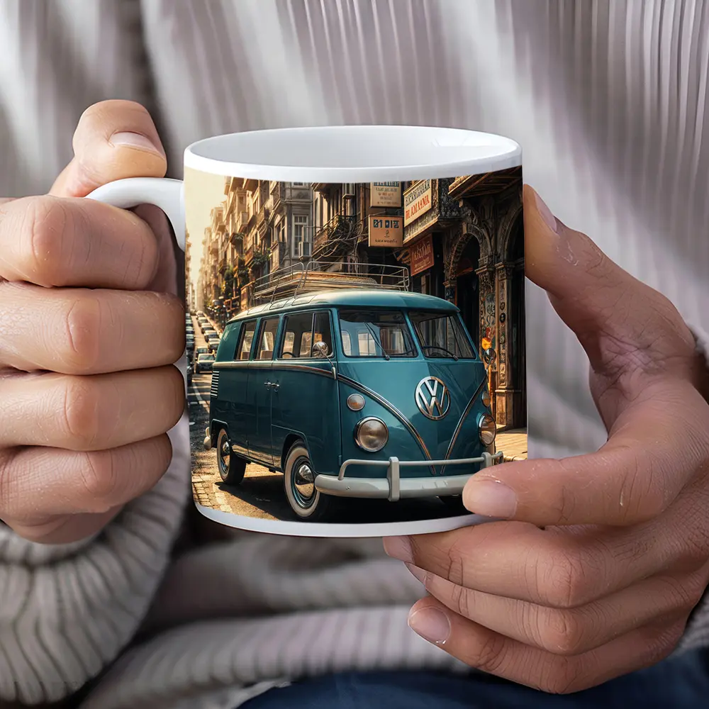 Volkswagen Beetle Bus On City Street – Mugs