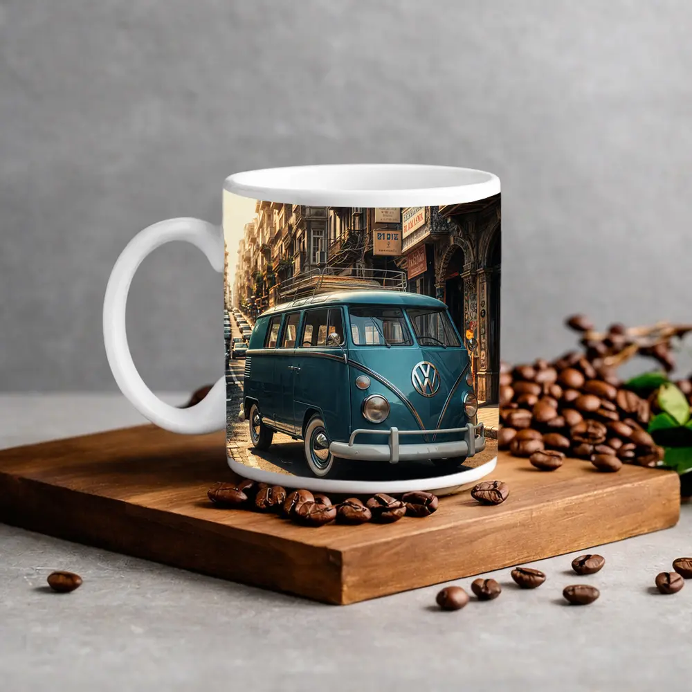Volkswagen Beetle Bus On City Street – Mugs
