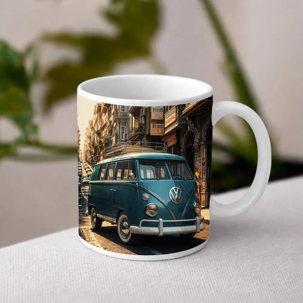 Volkswagen Beetle Bus On City Street – Mugs
