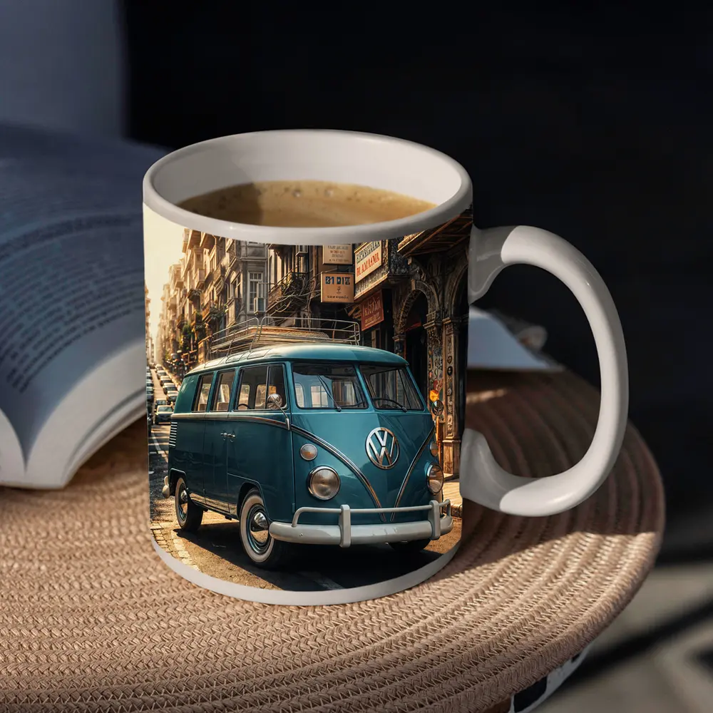 Volkswagen Beetle Bus On City Street – Mugs