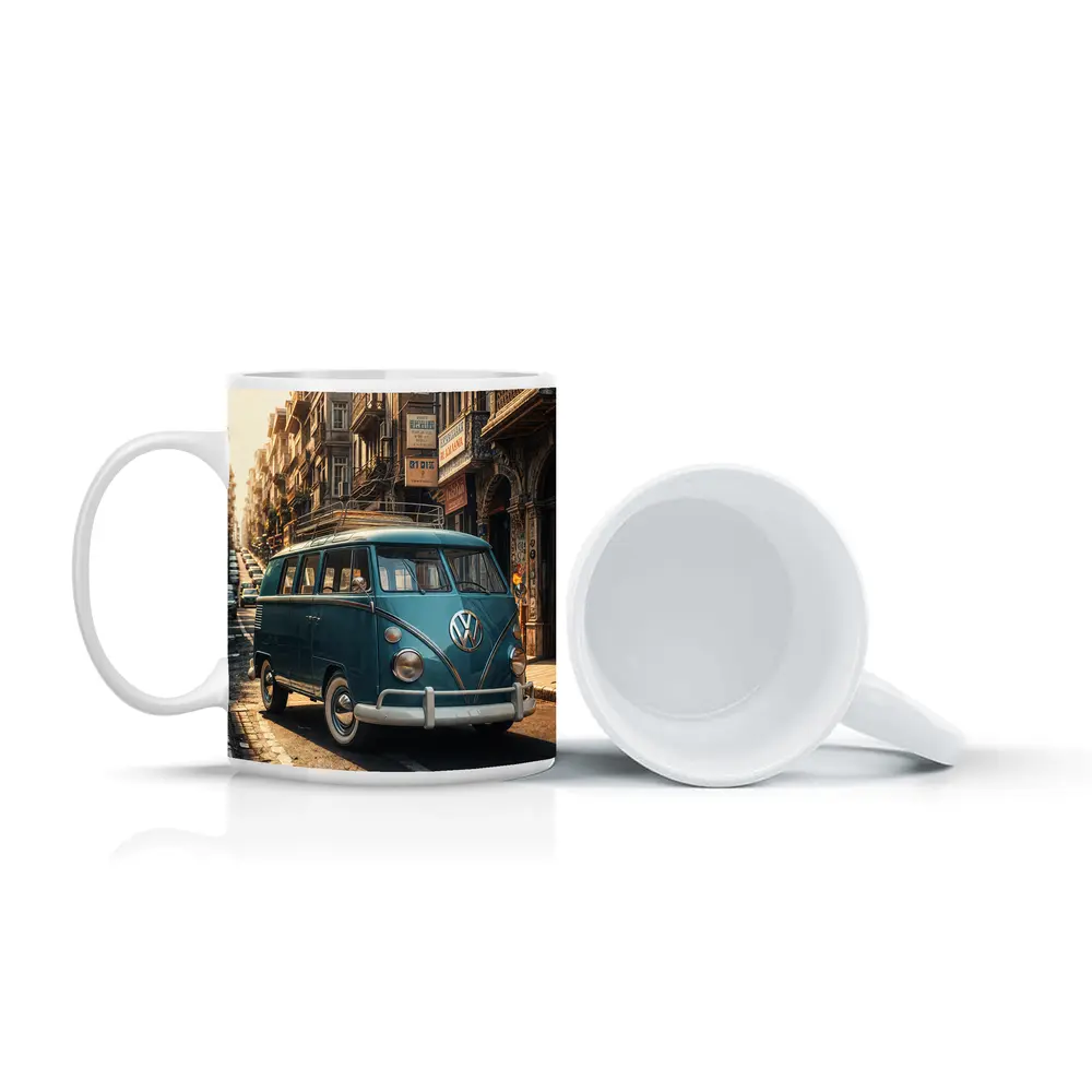 Volkswagen Beetle Bus On City Street – Mugs