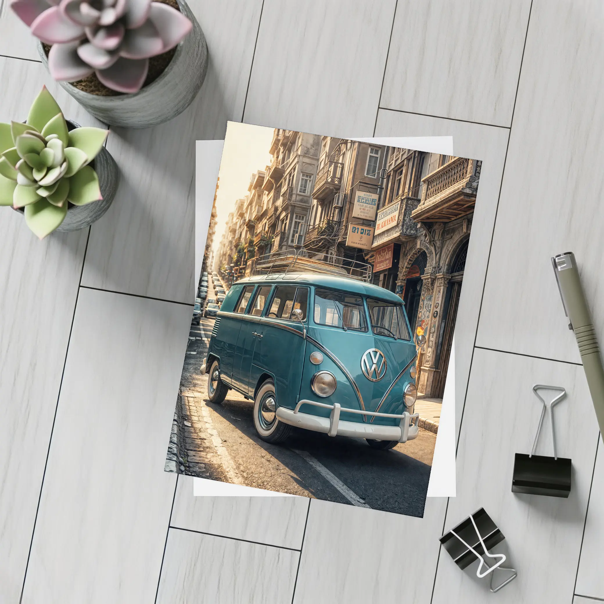 Volkswagen Beetle Bus On City Street – Postcards