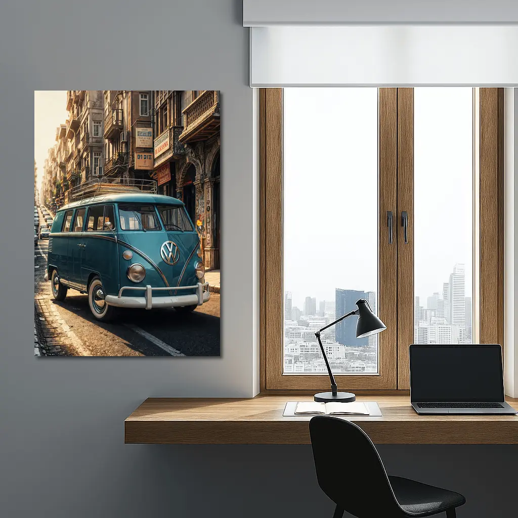 Volkswagen Beetle Bus On City Street – Wall Art
