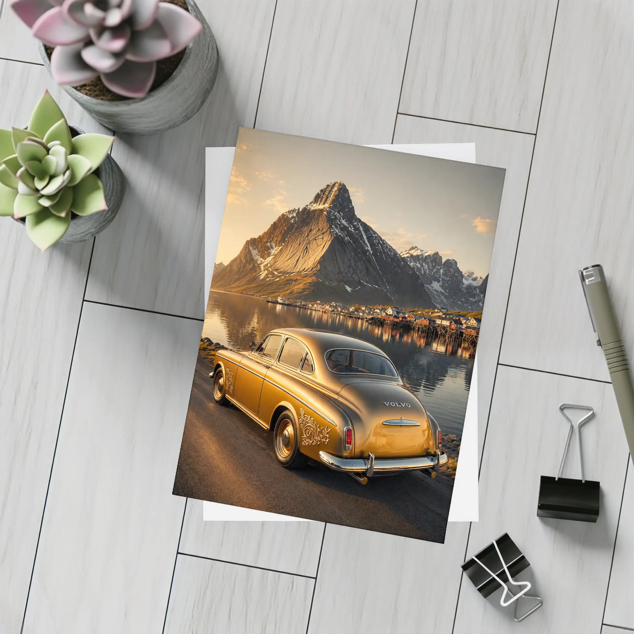 Classic Volvo Gold Car Norway Mountains – Postcards