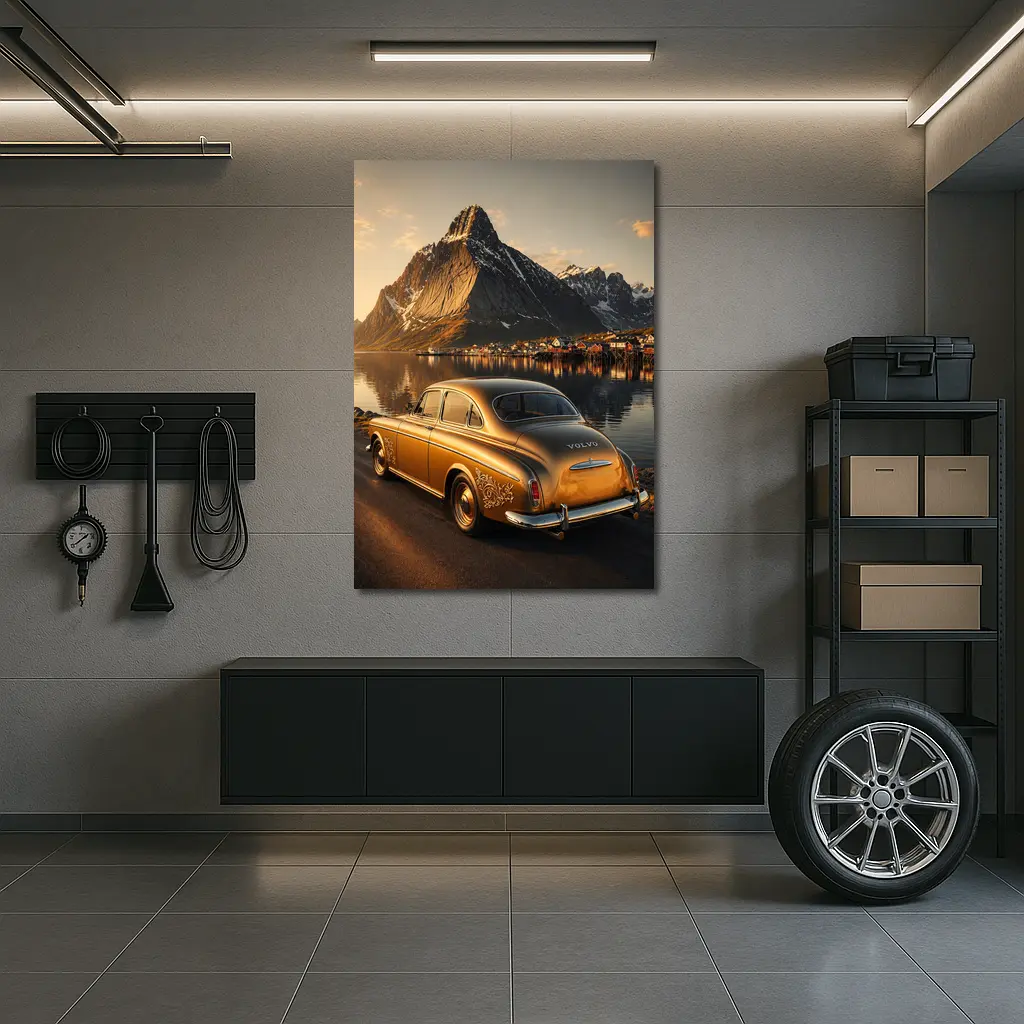 Classic Volvo Gold Car Norway Mountains – Wall Art