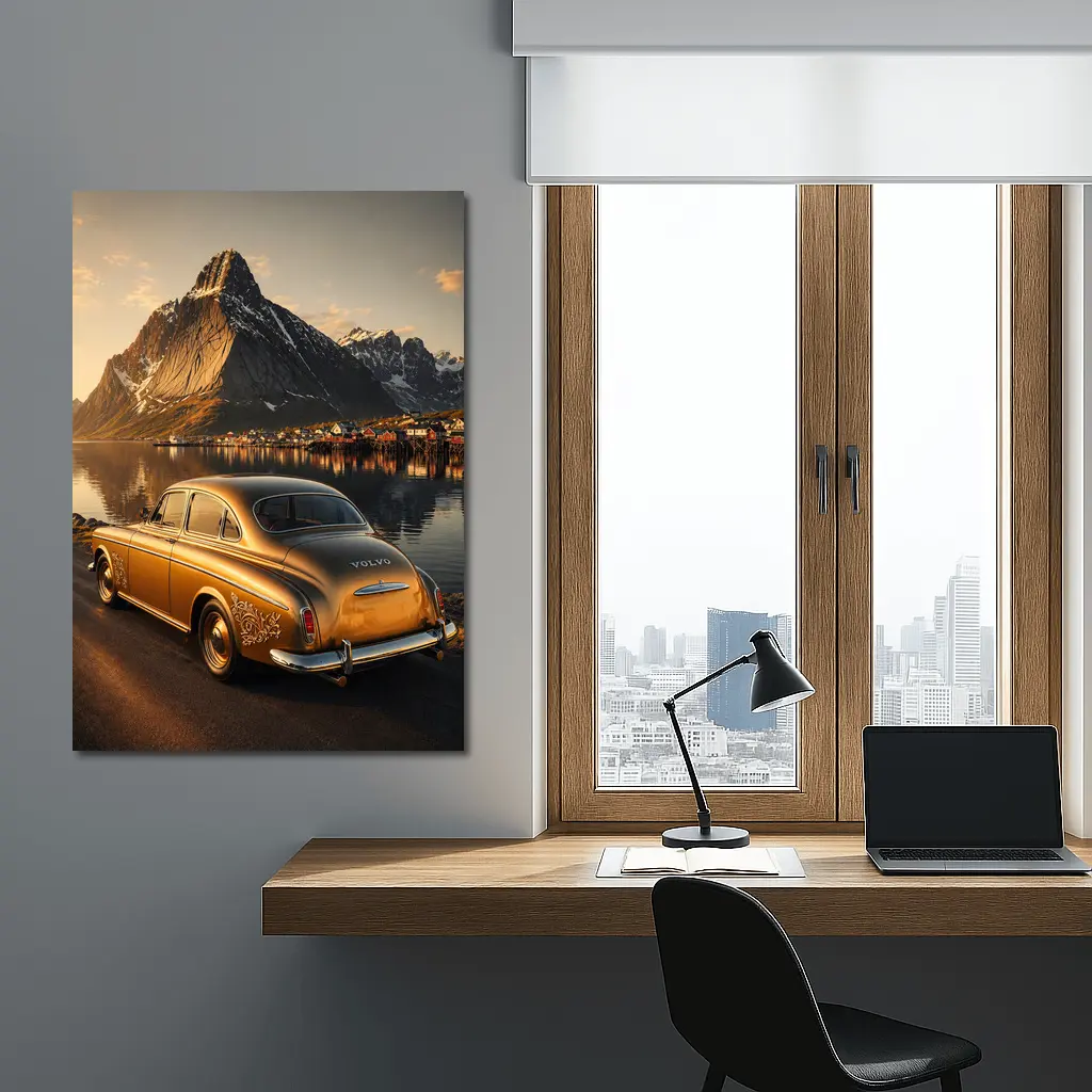 Classic Volvo Gold Car Norway Mountains – Wall Art