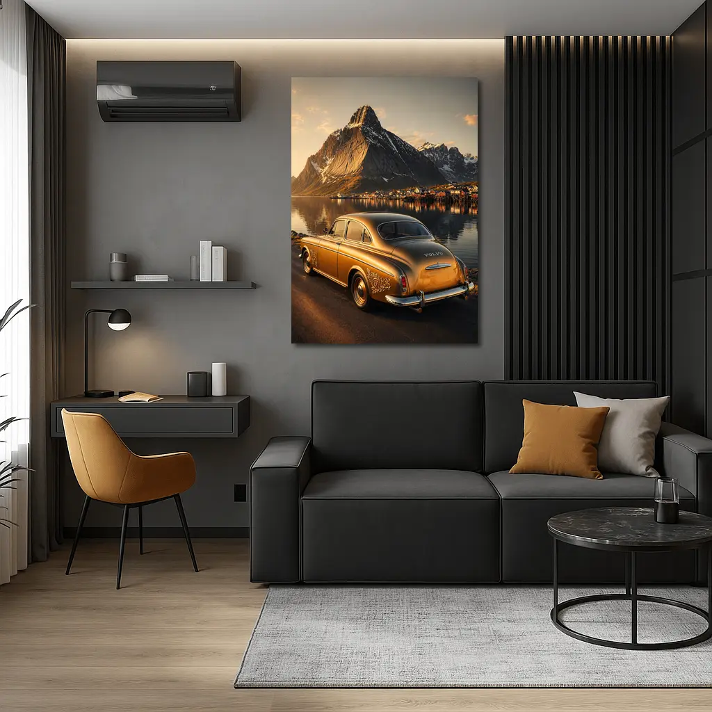 Classic Volvo Gold Car Norway Mountains – Wall Art