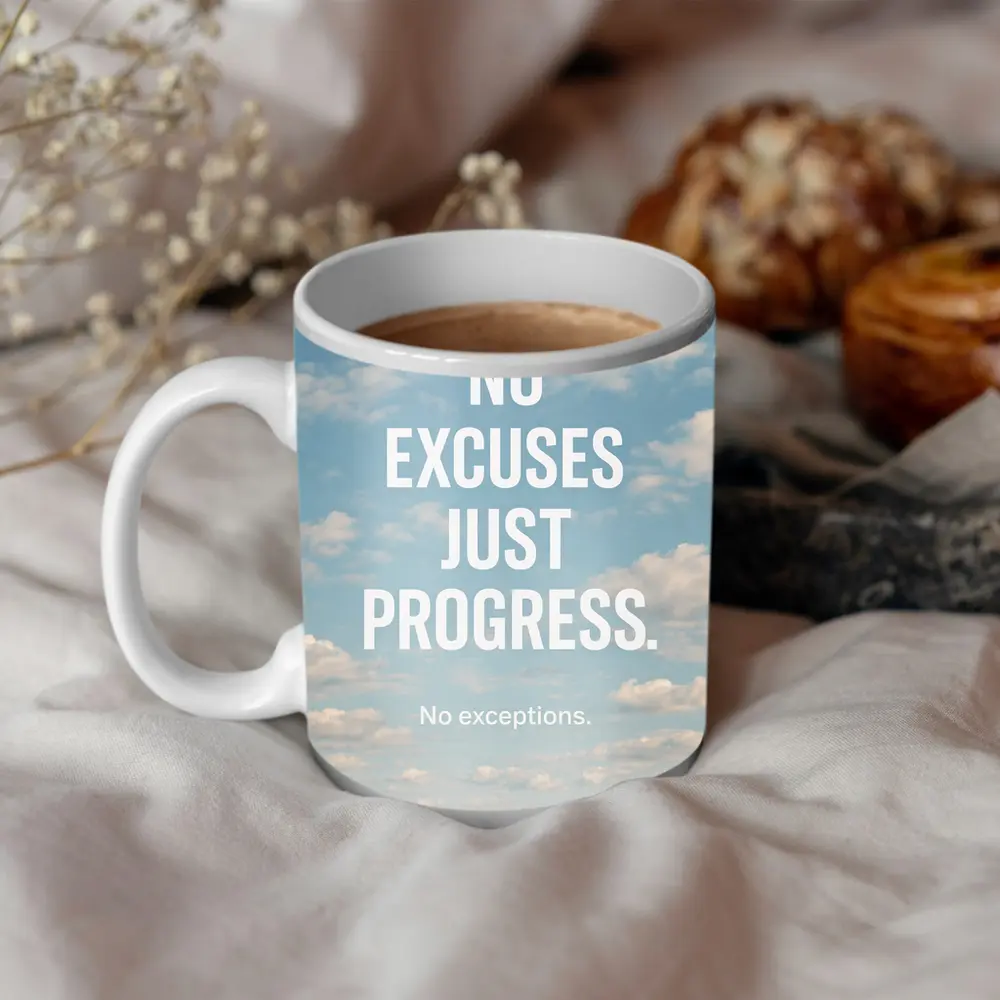 No Excuses Just Progress Sky Quote – Mugs