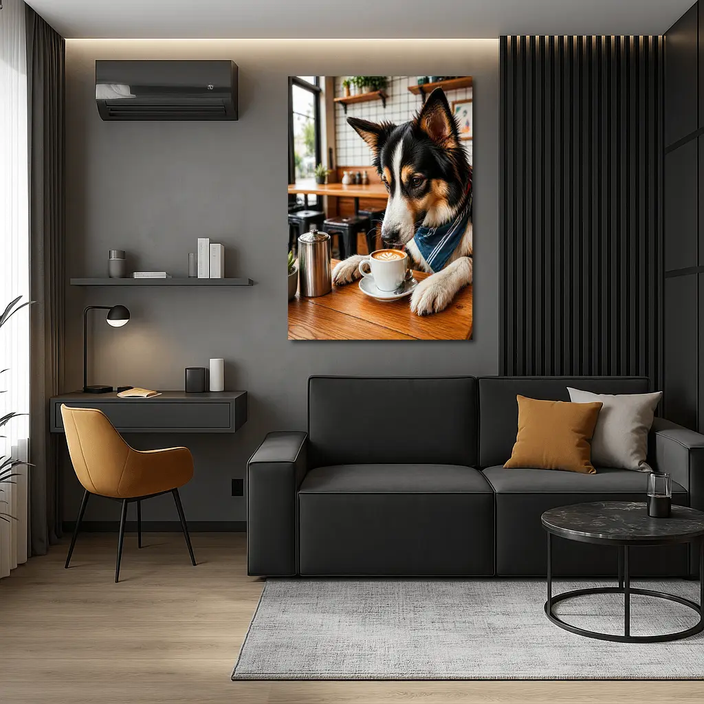 Border Collie Dog Relaxing in Coffee Cafe – Wall Art