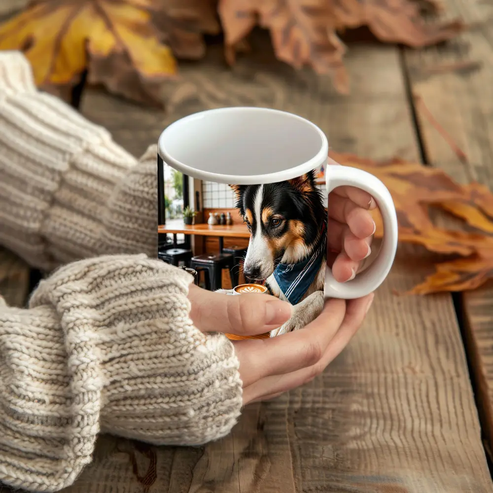 Border Collie Dog Relaxing in Coffee Cafe – Mugs