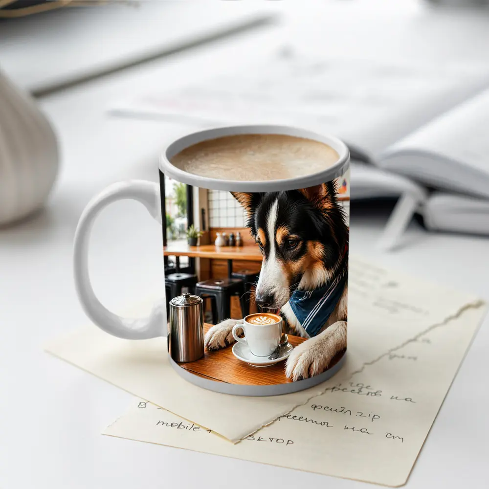 Border Collie Dog Relaxing in Coffee Cafe – Mugs