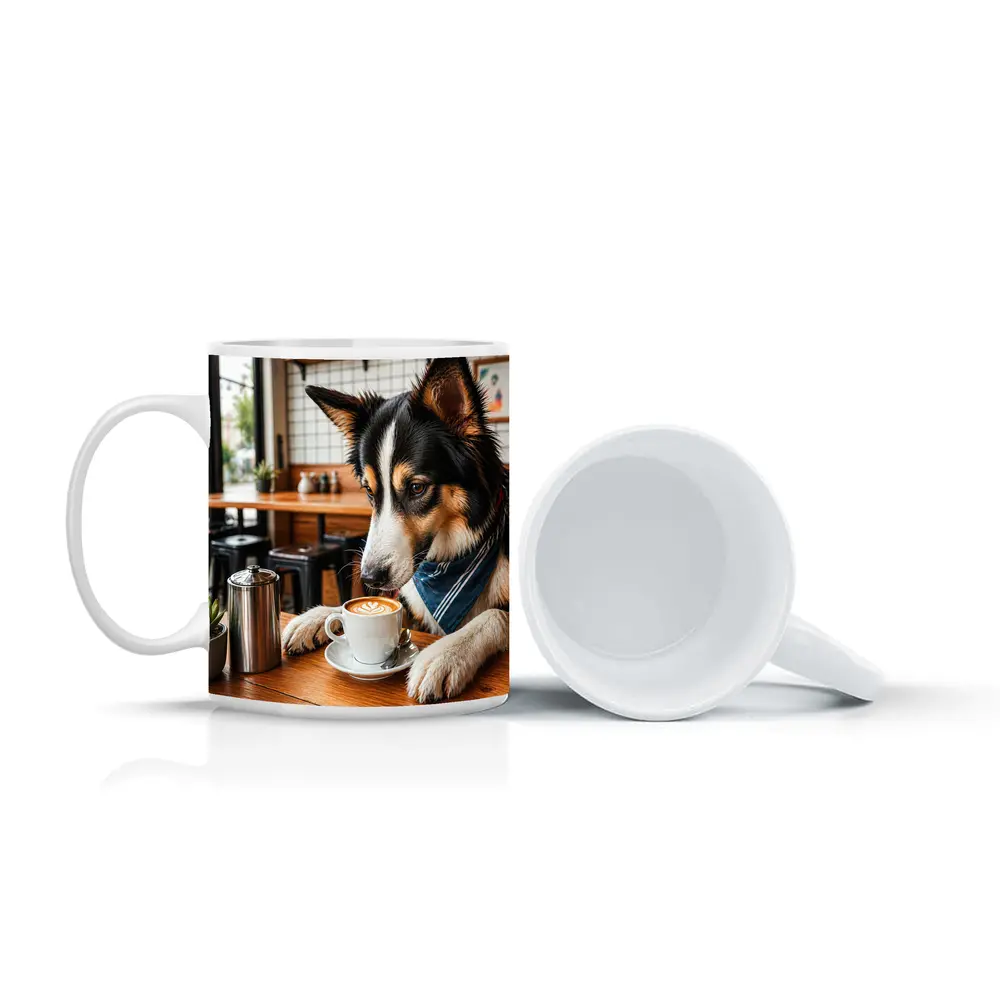 Border Collie Dog Relaxing in Coffee Cafe – Mugs