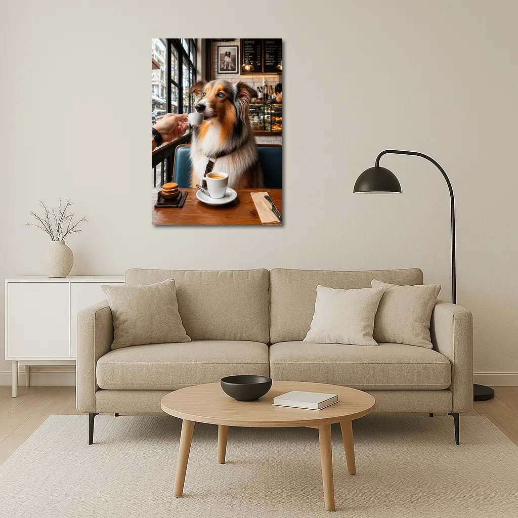 Australian Shepherd Dog Enjoying Coffee Cafe – Wall Art