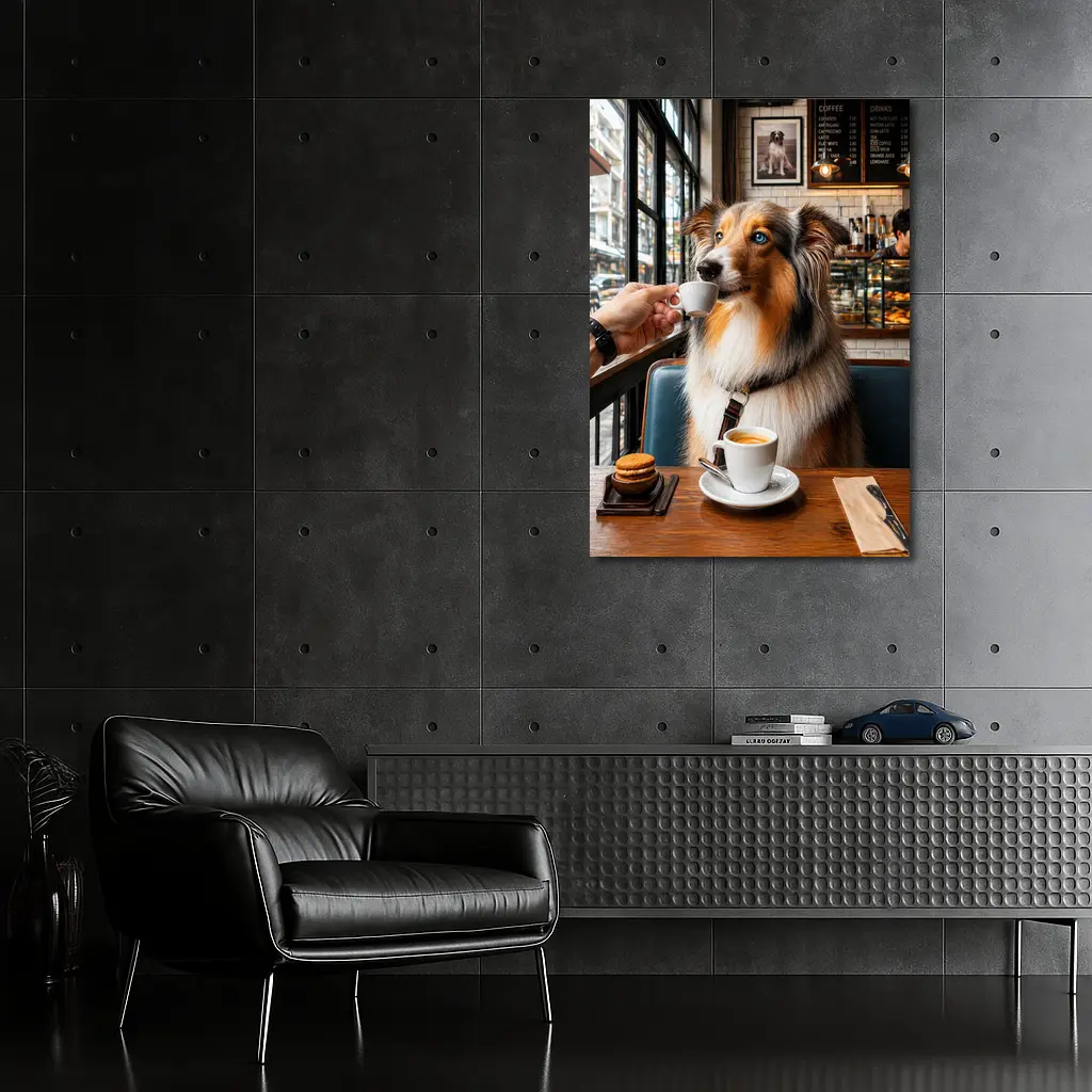 Australian Shepherd Dog Enjoying Coffee Cafe – Wall Art