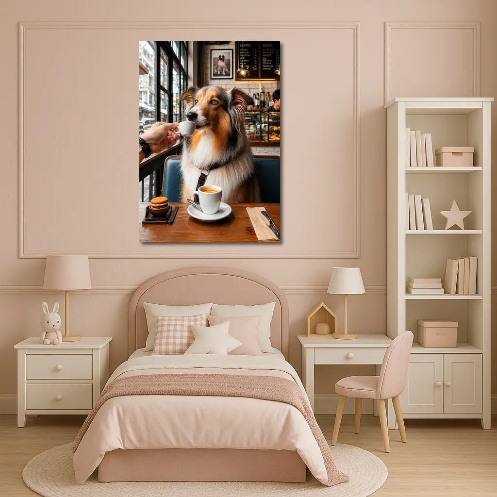 Australian Shepherd Dog Enjoying Coffee Cafe – Wall Art