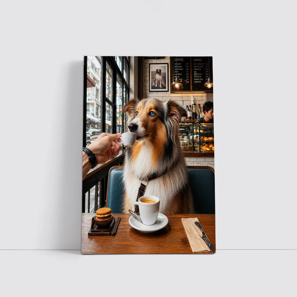 Australian Shepherd Dog Enjoying Coffee Cafe – Wall Art