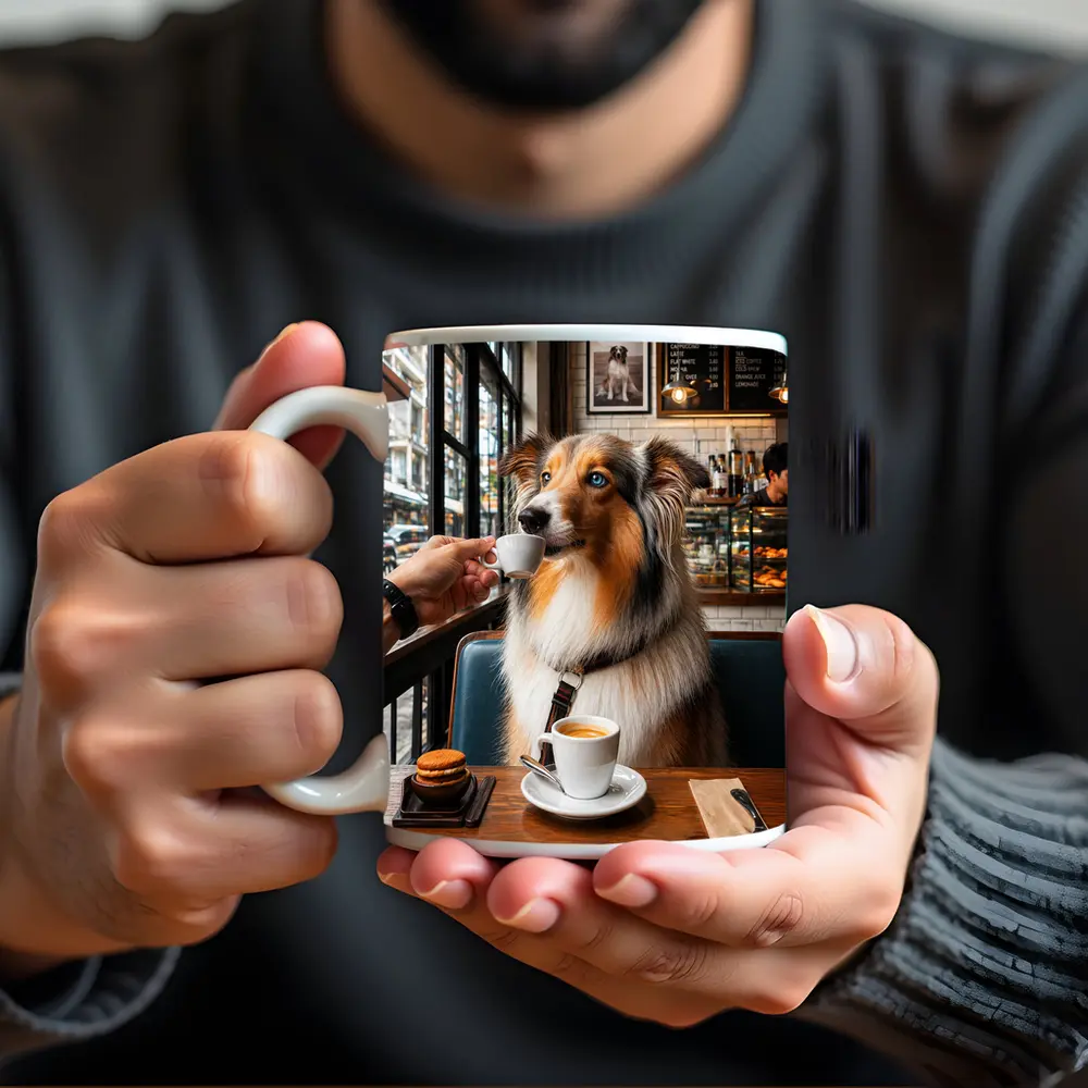 Australian Shepherd Dog Enjoying Coffee Cafe – Mugs