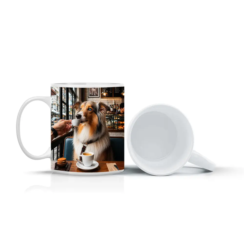 Australian Shepherd Dog Enjoying Coffee Cafe – Mugs