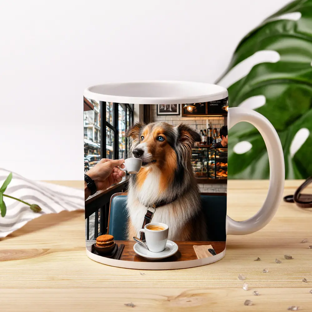 Australian Shepherd Dog Enjoying Coffee Cafe – Mugs