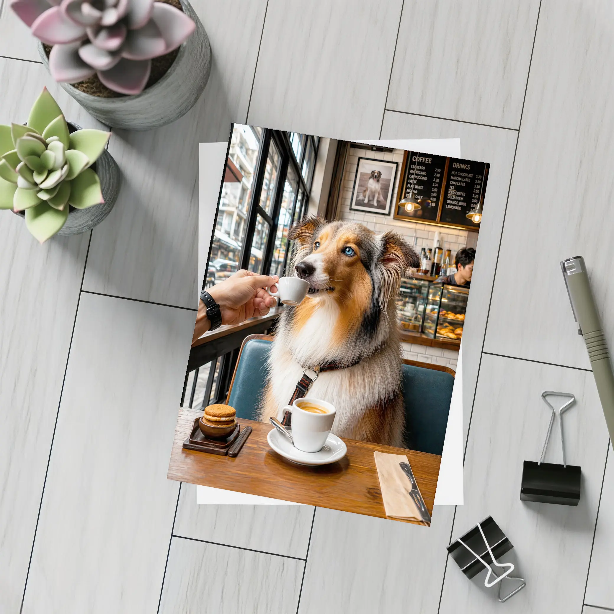 Australian Shepherd Dog Enjoying Coffee Cafe – Postcards