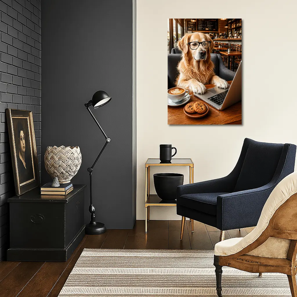 Golden Retriever Working in Coffee Shop – Wall Art